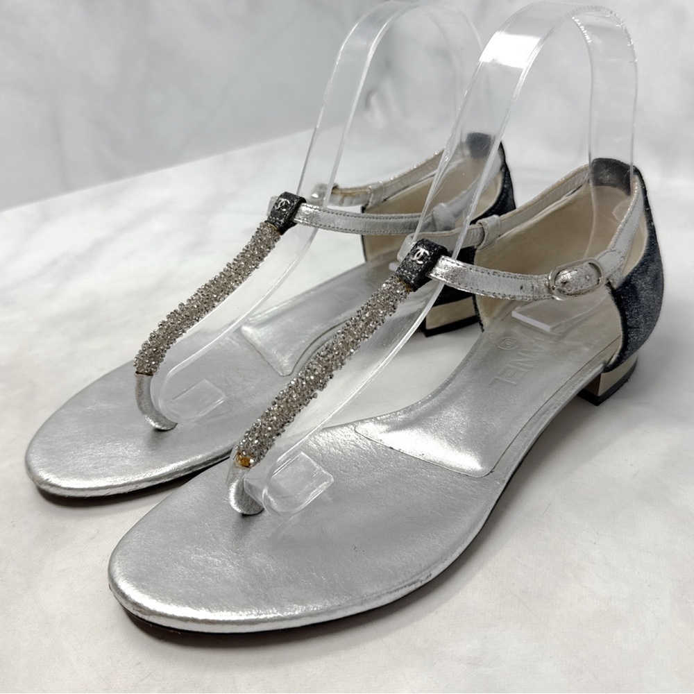 CHANEL Vintage Y2K CC Coco Mark Leather Flat Mirror Heel Sandal Shoes Metallic - Picture 4 of 14